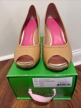 Lily Pulitzer Resort Chic Perforated Tan Peep-Toe Wedge with Pink Insole
